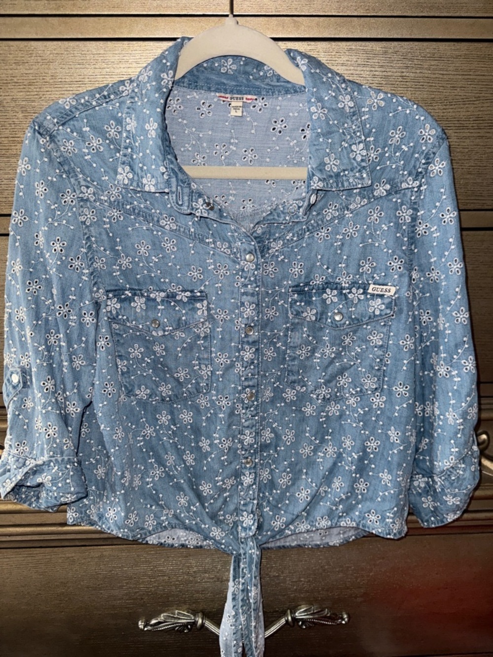 GUESS Light Blue Floral Eyelet Tie-Front Button-Down Shirt